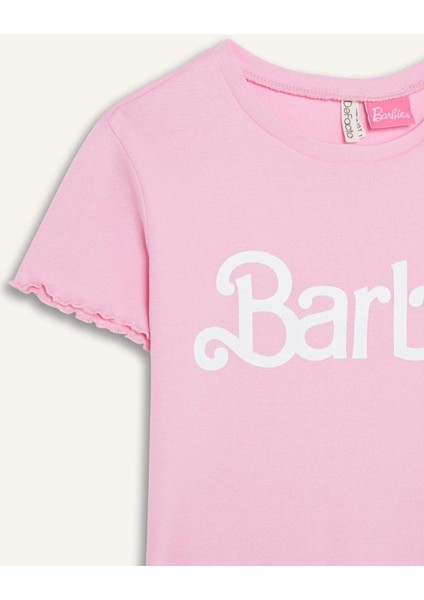 Kız Çocuk Barbie Fitted Bisiklet Yaka Ribana Kısa Kollu Tişört E2614A825SM
