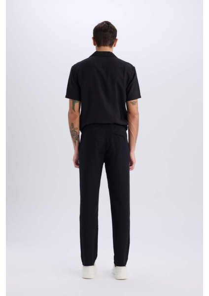 %100 Pamuk Keten Görünümlü Pantolon Beli Lastikli Slim Fit Dar Kesim Cepli Düz Paça D2671AX25SM