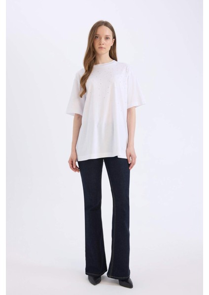 Regular Fit Bisiklet Yaka Basic Düz Kısa Kollu Beyaz Tişört Tunik E1397AX25SP