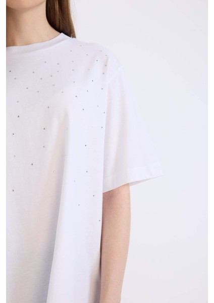 Regular Fit Bisiklet Yaka Basic Düz Kısa Kollu Beyaz Tişört Tunik E1397AX25SP