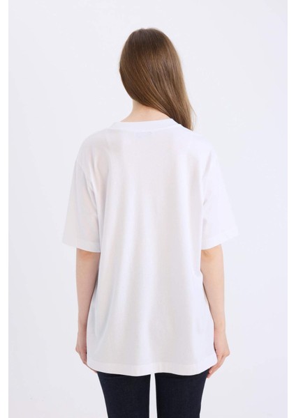 Regular Fit Bisiklet Yaka Basic Düz Kısa Kollu Beyaz Tişört Tunik E1397AX25SP