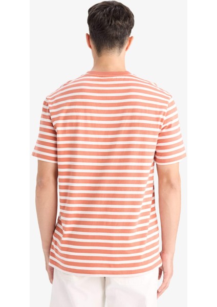 %100 Pamuk Regular Fit Bisiklet Yaka Kısa Kollu Çizgili Tişört E2637AX25SM