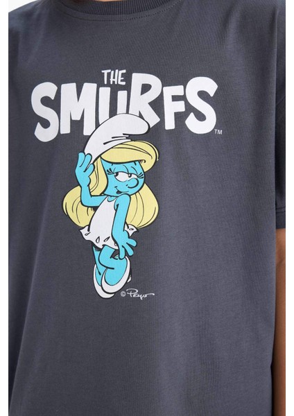 Kız Çocuk The Smurfs Relax Fit Bisiklet Yaka Sırt Baskılı Kısa Kollu Tişört E1882A825SM
