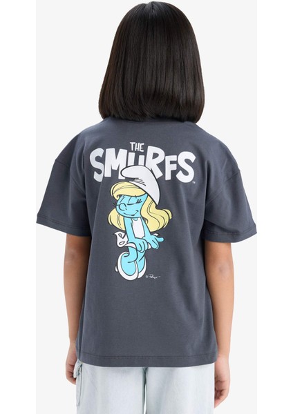 Kız Çocuk The Smurfs Relax Fit Bisiklet Yaka Sırt Baskılı Kısa Kollu Tişört E1882A825SM