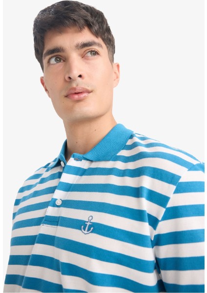 %100 Pamuk Regular Fit Polo Yaka Kısa Kollu Çizgili Nakışlı Pike Tişört E2631AX25SM