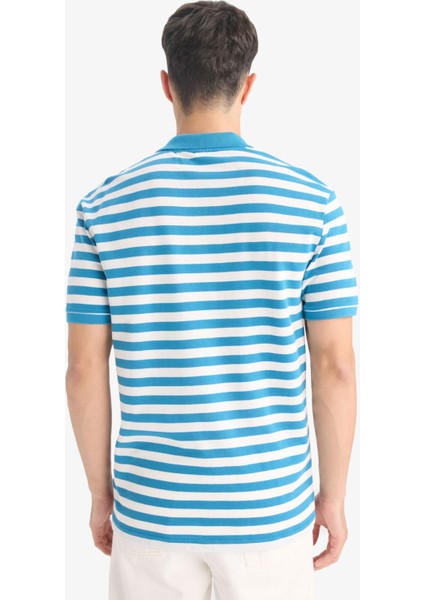 %100 Pamuk Regular Fit Polo Yaka Kısa Kollu Çizgili Nakışlı Pike Tişört E2631AX25SM