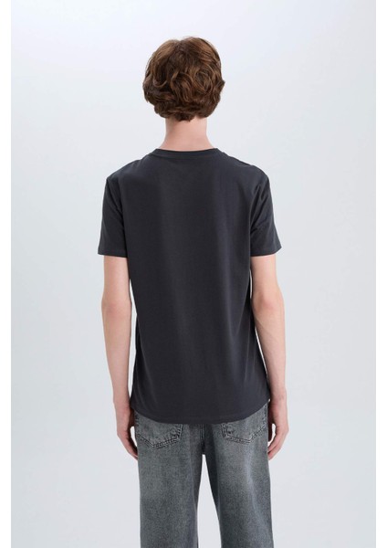 %100 Pamuk Slim Fit Dar Kesim Bisiklet Yaka Baskılı Kısa Kollu Tişört C2131AX25SM