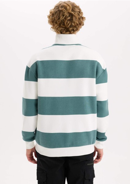 Boxy Fit Dik Yaka Yarım Fermuarlı Çizgili Sweatshirt C7045AX24AU