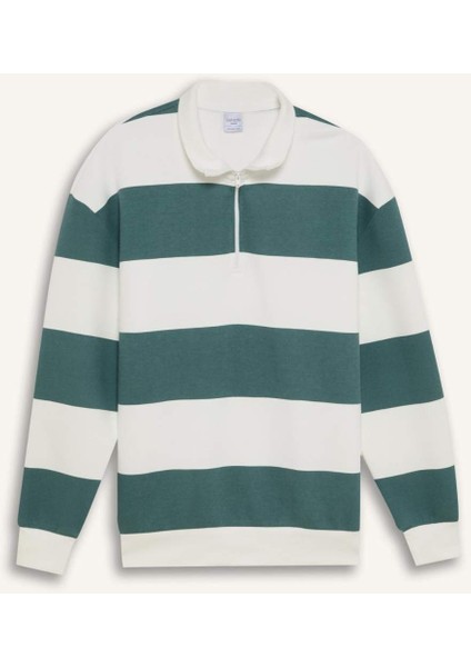 Boxy Fit Dik Yaka Yarım Fermuarlı Çizgili Sweatshirt C7045AX24AU