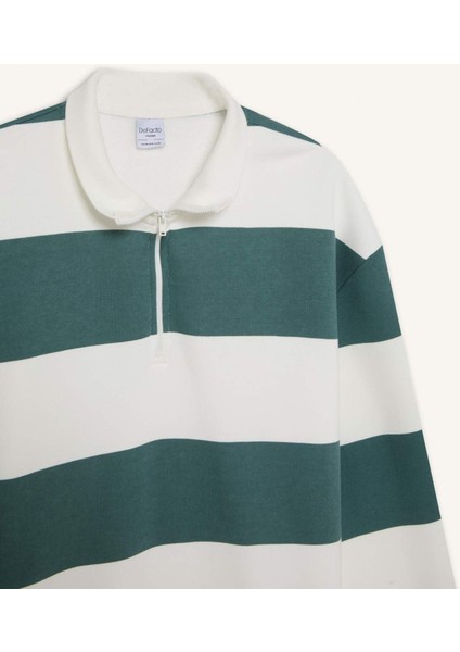 Boxy Fit Dik Yaka Yarım Fermuarlı Çizgili Sweatshirt C7045AX24AU