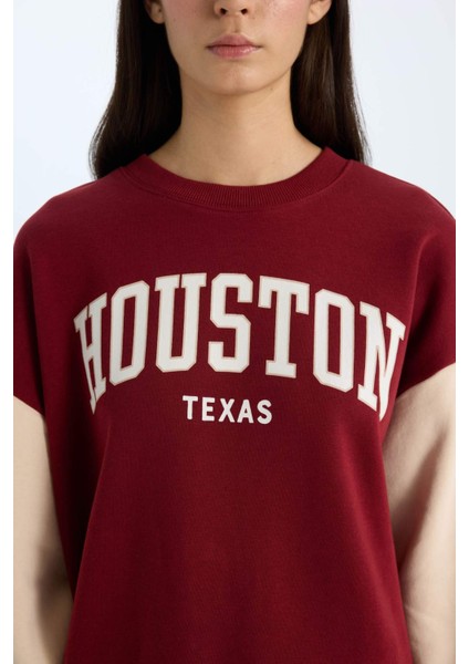 Oversize Geniş Kalıp Bisiklet Yaka Baskılı Kalın Sweatshirt E3228AX24WN