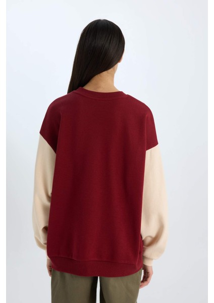 Oversize Geniş Kalıp Bisiklet Yaka Baskılı Kalın Sweatshirt E3228AX24WN