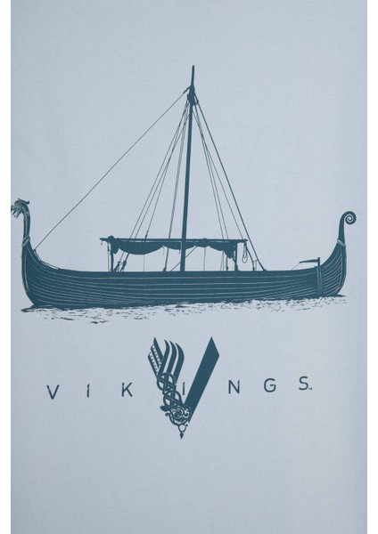 %100 Pamuk Vikings Comfort Regular Fit Rahat Kalıp Bisiklet Yaka Sırt Baskılı Kısa Kollu Tişört B8092AX25SP