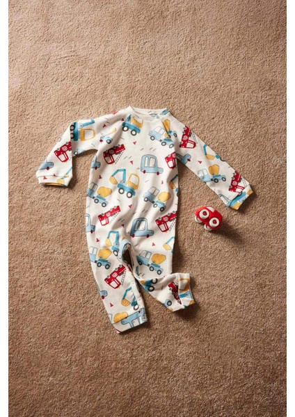 Erkek Bebek Yenidoğan Araç Baskılı Uzun Kollu Waffle Tulum