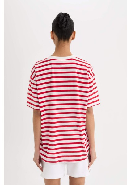 fit Oversize Geniş Kalıp Bisiklet Yaka Slogan Baskılı Sporcu Kısa Kollu TIŞÖRT E2782AX25SM