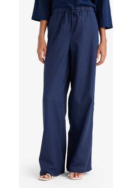 Wide Leg Çift Cepli Beli Lastikli Standart Boy Keten Karışımlı Pantolon E1981AX25SM
