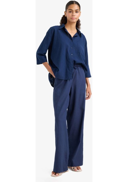 Wide Leg Çift Cepli Beli Lastikli Standart Boy Keten Karışımlı Pantolon E1981AX25SM fırsatları