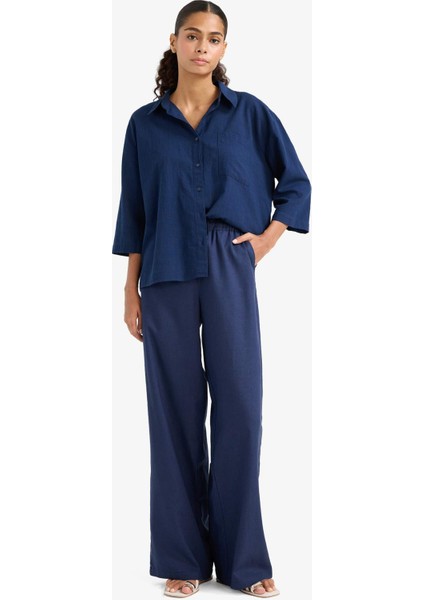 Wide Leg Çift Cepli Beli Lastikli Standart Boy Keten Karışımlı Pantolon E1981AX25SM indirimleri
