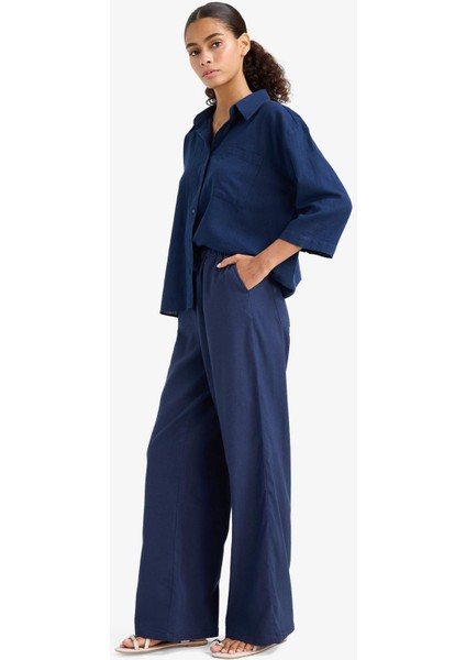 Wide Leg Çift Cepli Beli Lastikli Standart Boy Keten Karışımlı Pantolon E1981AX25SM