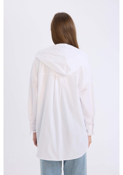 Relax Fit Kapüşonlu Basic Düz Poplin Uzun Kollu Beyaz Tesettür Gömlek Tunik E1262AX25SP