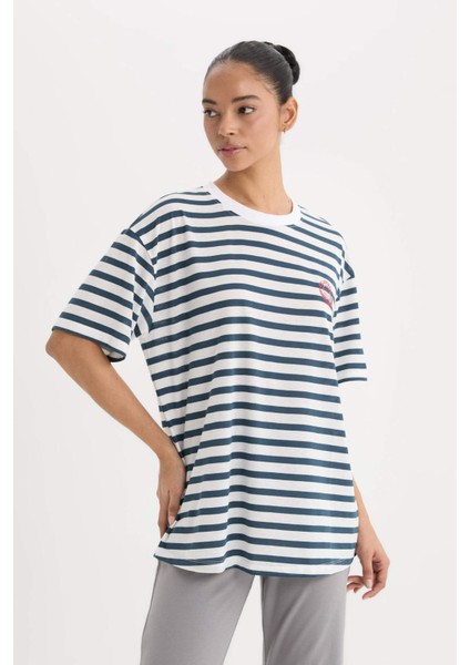 fit Oversize Geniş Kalıp Bisiklet Yaka Slogan Baskılı Sporcu Kısa Kollu TIŞÖRT E2782AX25SM