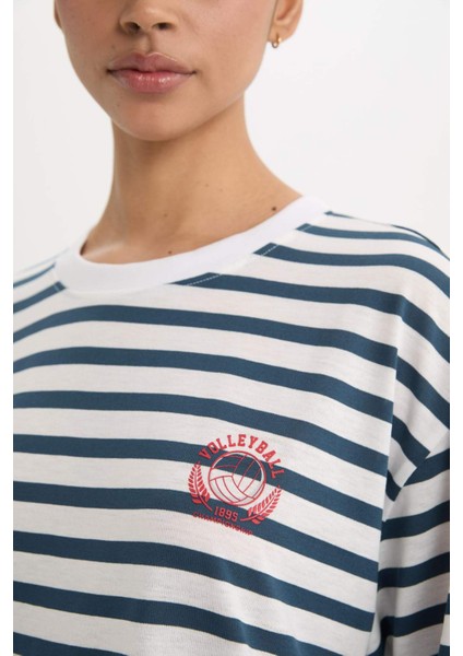 fit Oversize Geniş Kalıp Bisiklet Yaka Slogan Baskılı Sporcu Kısa Kollu TIŞÖRT E2782AX25SM