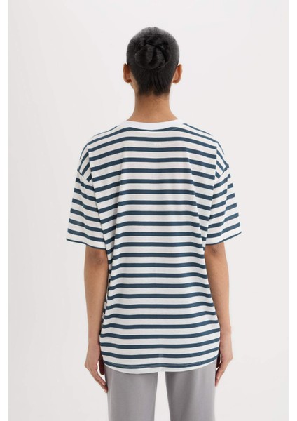 fit Oversize Geniş Kalıp Bisiklet Yaka Slogan Baskılı Sporcu Kısa Kollu TIŞÖRT E2782AX25SM
