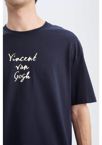 %100 Pamuk Van Gogh Oversize Geniş Kalıp Bisiklet Yaka Sırt Baskılı Kısa Kollu Tişört C3629AX25SP