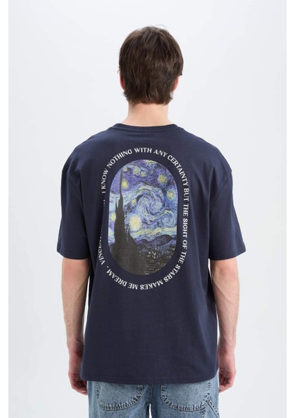 %100 Pamuk Van Gogh Oversize Geniş Kalıp Bisiklet Yaka Sırt Baskılı Kısa Kollu Tişört C3629AX25SP