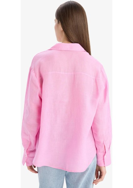 %100 Keten Oversize Geniş Kalıp Basic Düz Pembe Uzun Kollu Gömlek Z6638AZ25SP