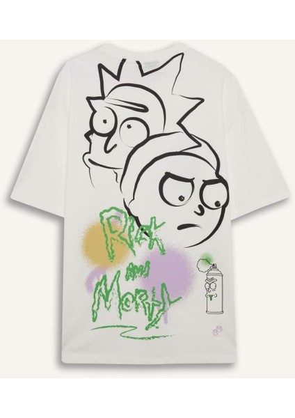 %100 Pamuk Rick and Morty Comfort Regular Fit Rahat Kalıp Bisiklet Yaka Sırt Baskılı Kısa Kollu Tişört B5369AX25SP