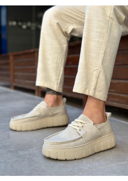 BA0676 Boa Krem Keten Yüksek Taban Erkek Yazlık Ayakkabı