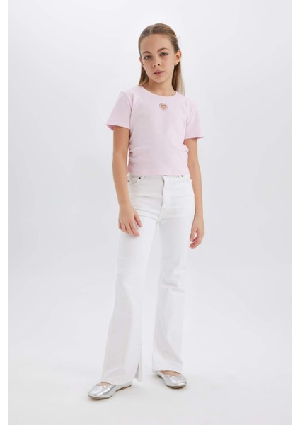 Kız Çocuk Slim Fit Dar Kesim Bisiklet Yaka Kalp Desenli Ribana Kısa Kollu Tişört E0823A825SM