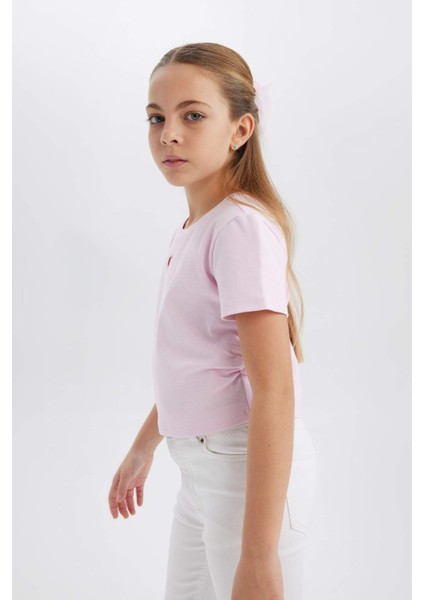 Kız Çocuk Slim Fit Dar Kesim Bisiklet Yaka Kalp Desenli Ribana Kısa Kollu Tişört E0823A825SM