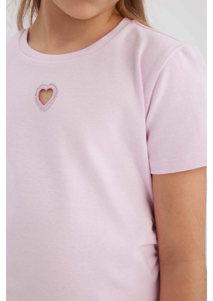 Kız Çocuk Slim Fit Dar Kesim Bisiklet Yaka Kalp Desenli Ribana Kısa Kollu Tişört E0823A825SM