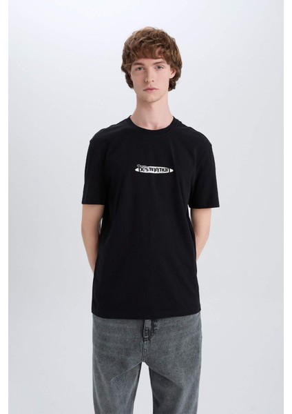 %100 Pamuk Regular Fit Bisiklet Yaka Baskılı Kısa Kollu Tişört E3783AX25SM