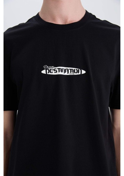 %100 Pamuk Regular Fit Bisiklet Yaka Baskılı Kısa Kollu Tişört E3783AX25SM