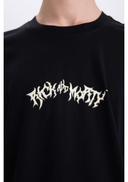 %100 Pamuk Rick and Morty Boxy Fit Bisiklet Yaka Sırt Baskılı Kısa Kollu Tişört E3268AX25SM