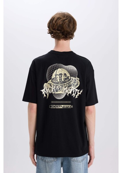 %100 Pamuk Rick and Morty Boxy Fit Bisiklet Yaka Sırt Baskılı Kısa Kollu Tişört E3268AX25SM