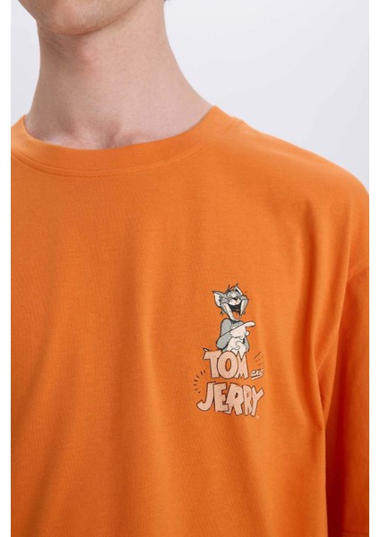 %100 Pamuk Tom & Jerry Boxy Fit Bisiklet Yaka Sırt Baskılı Kısa Kollu Tişört E3262AX25SM