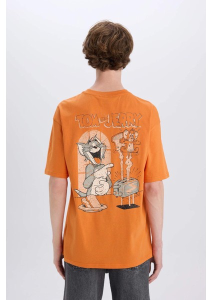 %100 Pamuk Tom & Jerry Boxy Fit Bisiklet Yaka Sırt Baskılı Kısa Kollu Tişört E3262AX25SM
