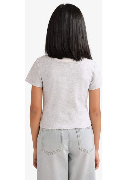 Kız Çocuk Cropped Fit Bisiklet Yaka Ribana Kısa Kollu Tişört E1830A825SM