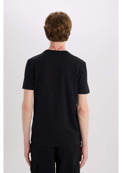 %100 Pamuk Slim Fit Dar Kesim Bisiklet Yaka Baskılı Kısa Kollu Tişört E3776AX25SM