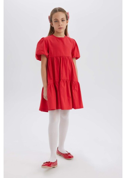 Kız Çocuk Bisiklet Yaka Pamuklu Kısa Kollu Kırmızı Yazlık Elbise B6927A825SM