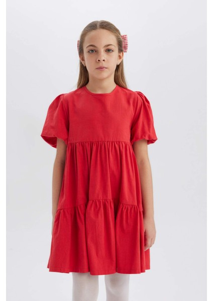 Kız Çocuk Bisiklet Yaka Pamuklu Kısa Kollu Kırmızı Yazlık Elbise B6927A825SM