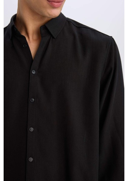 Regular Fit Polo Yaka Keten Görünümlü Uzun Kollu Siyah Gömlek E1204AX25SM