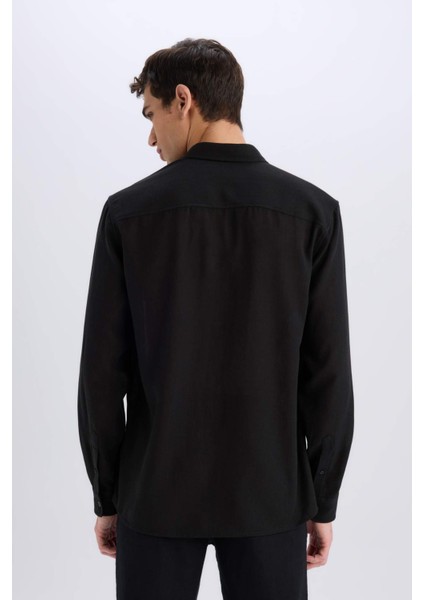 Regular Fit Polo Yaka Keten Görünümlü Uzun Kollu Siyah Gömlek E1204AX25SM