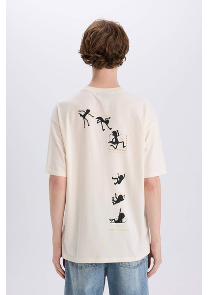 %100 Pamuk Rick and Morty Boxy Fit Bisiklet Yaka Sırt Baskılı Kısa Kollu Tişört E3267AX25SM