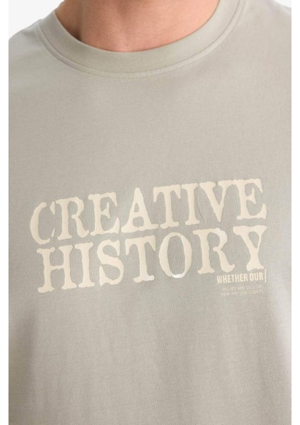 %100 Pamuk Regular Fit Bisiklet Yaka Baskılı Kısa Kollu Tişört E3780AX25SM