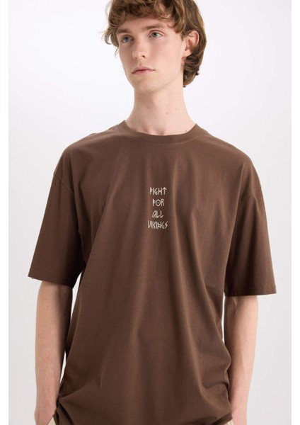 %100 Pamuk Vikings Valhalla Boxy Fit Bisiklet Yaka Sırt Baskılı Kısa Kollu Tişört E3279AX25SM